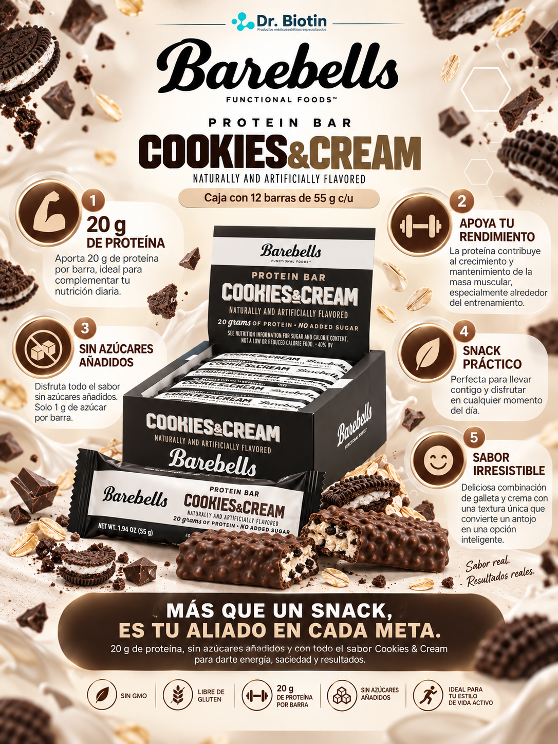 BAREBELLS Barras de proteína energizantes - Caja con 12 barras de 55g - Varios sabores