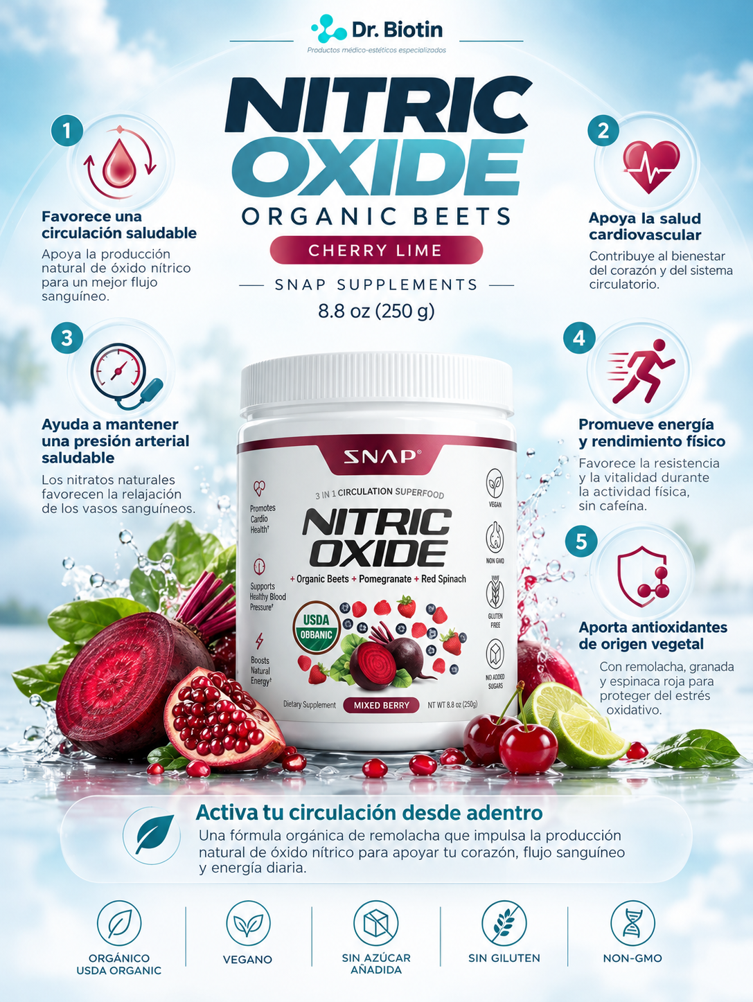 SNAP Nitric Oxide Organic Beets Cherry Lime - Infografía
