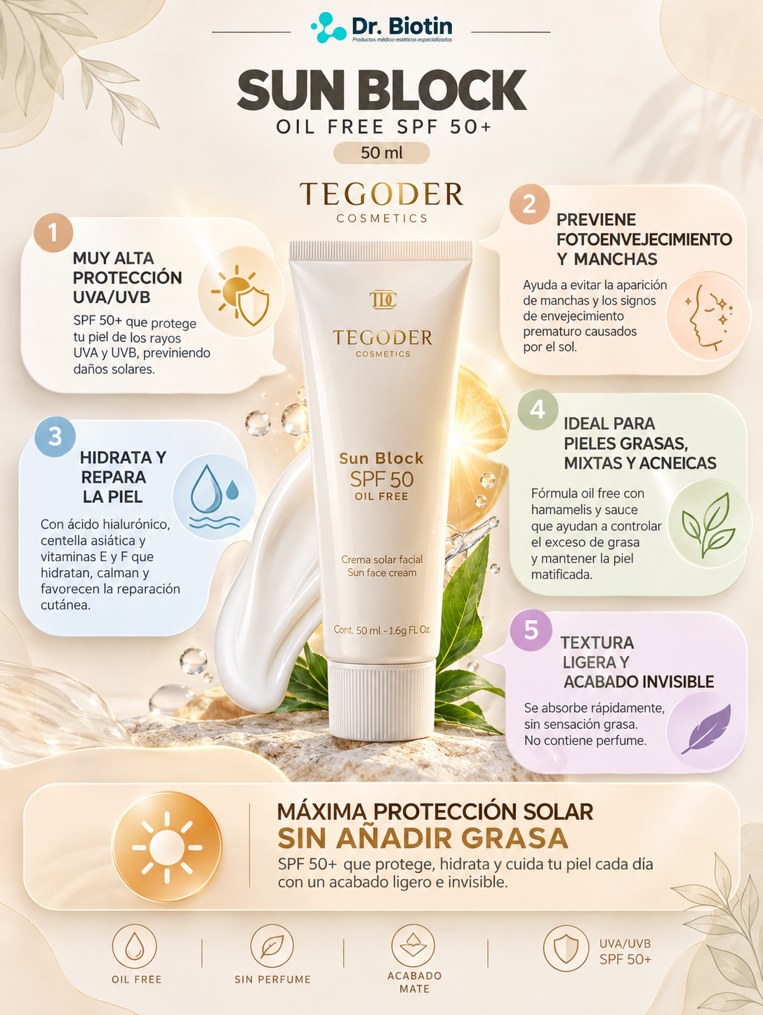 SUN BLOCK OIL FREE SPF 50+ TEGODER - beneficios